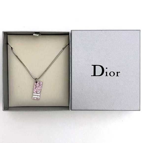 Christian Dior Necklace ec-21018 Silver Pink Trotter Bar Metal Plate Women's ...